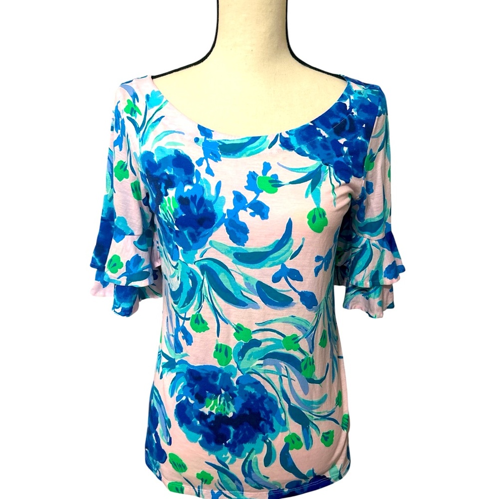 Lilly Pulitzer 3/4 layered sleeve pink and blue floral Pima cotton/modal sz Sm